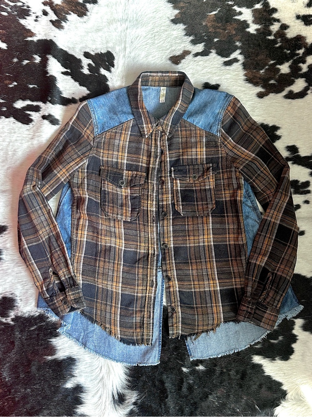 Free People Brown Plaid Flannel and Blue Denim Button Down Shirt